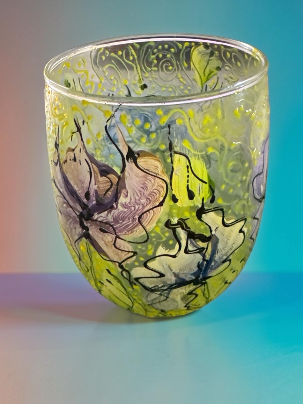 Beautifully Hand-Painted Glass Art Vase in Yellow and Blue Floral Design